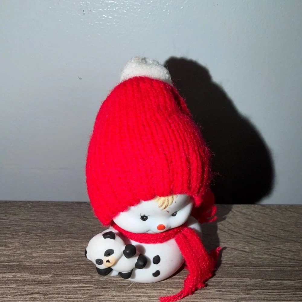 Vintage 1985 Enesco Morehead Snowman with Panda Figurine Red Knit Hat Scarf